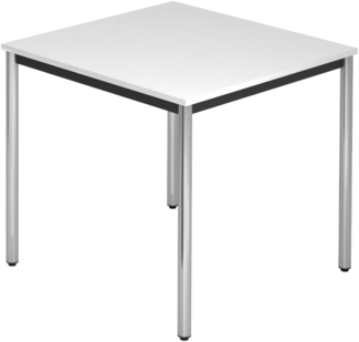 bümö Multifunktionstisch weiß, Tisch 80 x 80 cm, Tischfuß verchromt - einfacher Tisch klein, Besprechungstisch System D-Serie, Konferenztisch, Meetingtisch, Mehrzwecktisch, Pausentisch, DR08-W-C