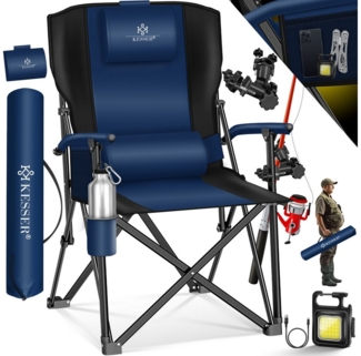 KESSER® Campingstuhl faltbar bis 160 kg | Angelstuhl Faltstuhl Klappstuhl Gepolstert mit Armlehnen | Campinglicht und Getränkehalter + Tasche mit hoher Rückenlehne | Strandstuhl mit Angelhalterung Navyblau / Schwarz