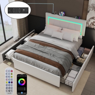 oyajia Polsterbett LED Doppelbett 140x200 cm mit 4 Schubkästen und Kopfteil, Ladefunktion (LED-Polsterbett mit USB, PU-Leder Material Polsterbett mit Metall Bettgestell, Stauraumbett), Modernes Jugendbett, Leises Design Bett, 4 Ausziehbare Schubladen