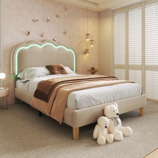 Kinderbett 90x200 cm Polsterbett mit verstellbarem LED-Kopfteil, Leinenbezug Beige
