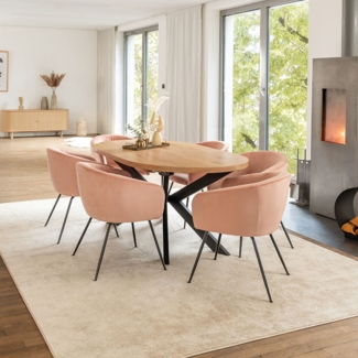 HOME DELUXE Essgruppe Oval Ausziehbar inkl. Sternfuß - 160 x 100 cm Light Oak 6 Stühle Rosa