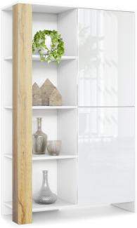 Highboard Canto, hoher Schrank mit 2 Türen und 8 Fächern, Korpus Weiß matt, Fronten Weiß Hochglanz, Dekor-Paneele Eiche Natur (95 x 151,5 x 36 cm)