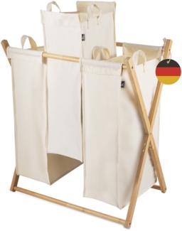 HENNEZ Wäschekorb Wäschesammler XXL - Wäschekorb 3 Fächer, Wäschebox - Holz - Wäschetrenner Beige