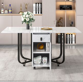 Esstisch H 76 x T 80 x B 150 cm, klappbar, MDF-Marmoroptik, Metallgestell, Weiß, 60 kg Tragkraft,Weiß und schwarz