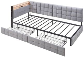 OKWISH Schlafsofa Kinderbett Polsterbett, mit LED-Licht & USB, 2 Schubladen, 90x200 cm, Multifunktionales gepolstertes Kinder-Schlafsofa, ohne Matratze