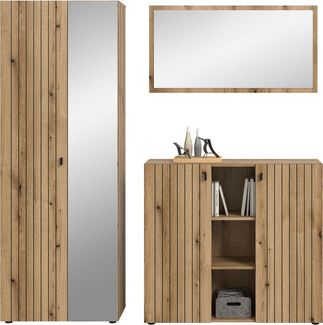 Home affaire Garderoben-Set TATIO, 3-tlg. Garderobenkombination, Breite: 191 cm, Rillenfräsung, (Set, 3-St, Set, best. aus: 1 Spiegel, 1 Garderobenschrank, 1 Schuhkommode), Garderobenkombination, Kombi, Flur-Möbel, Schrank, Spiegel, Kommode