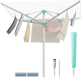 SONGMICS Wäschespinne, Wäscheständer, höhenverstellbar, 60 m Wäscheleine, für 6 Waschmaschinenladungen, Outdoor, Garten, mit Bodenhülse, Wäscheklammern, silbern-grün