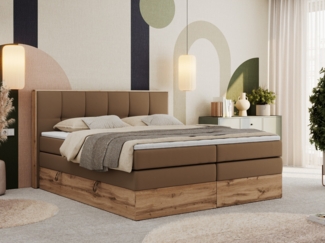 Boxspringbett, Doppelbett mit zwei 7 Härtezonen Multipocket-Matratzen, Bettkästen, Eiche Wotan Holzrahmen, Polsterbett mit Topper-Matratze - ALBERO 1 KING - 180 x 200 cm - Braun Kunstleder - H3