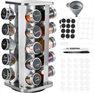 KingLux Gewürzregal Edelstahl Quadrat Gewürzregal Mit 20 Gewürzgläser, 360° Drehbarer, 1-tlg.