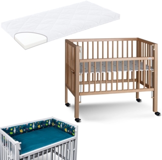 Tissi Anstellbett / Beistellbett Sophie inkl. Matratze und Nestchen Petrol Jungle, Buche Natur