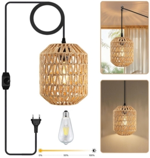 LMaxhome Pendelleuchte LED-Hängeleuchte Dimmbar Rattan Optik Boho Lampenschirm Papier - Ø18cm, mit Schalter, LED fest integriert, Helligkeit einstellbar 10-100%, Max. 60W, mit Stecker, E27 Glühbirne, 5M KabelKorblampen Esszimmerlampe