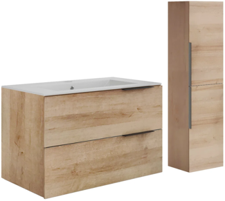 Vente-unique - Hängender Badezimmerunterschrank mit Einbauwaschbecken und Hochschrank - Heller Naturton - 80 cm - NISAYA