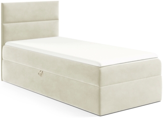 MEBLINI Kinderbett mit Bettkasten MINO 1 90x200 Links – H3/Creme Samt Gepolstert Einzelbett mit Matratze - Polsterbett mit Stauraum - Bett mit Kopfteil – Stauraumbett