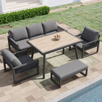 Merax Gartenlounge-Set, 6-Sitzer Gartenmöbel Set Outdoor Sofa 6-7 Sitzer, Gartenlounge-Set für Balkon Terrasse, Gartensofa mit großem Esstisch, grau