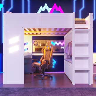 Hochbett 140x200 cm mit LED-Beleuchtung, Schreibtisch, USB- und Typ-C-Ladeanschluss,mit 2 Schubladen und Wäscheleine