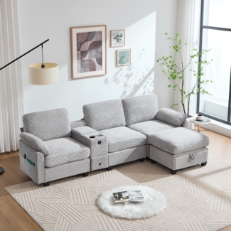 LVHOM 3-Sitzer Sofa mit Hocker, L-Form Ecksofa mit Stauraum, USB-C-Anschluss und 2 Getränkehaltern, modulares Sofa, Hellgrau