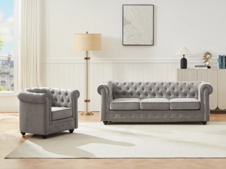Vente-unique - Sofa 3-Sitzer & Sessel - Stoff - Grau - CHESTERFIELD