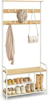 VASAGLE Garderobenständer, Garderobe, Kleiderständer 9 Haken, Schuhbank, Ablage, 30 x 85 x 180,5 cm, für Flur, Schlafzimmer, kleine Wohnungen, modern, eichenfarben-weiß HSR409W09