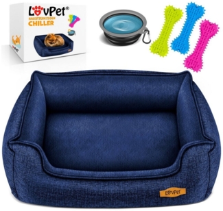 LovPet® Hundebett Hundekissen Hundekorb Chiller, Inkl. Napf + 3X Kauknochen, Hundesofa Kissen für Kleine, Mittelgroße & Große Hunde, Bezug abnehmbar und waschbar Navyblau, L (90 x 75 x 25 cm)
