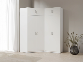 Vente-unique - Eckkleiderschrank mit 4 Türen + Aufsatz - 209 cm - Weiß - BELOMY