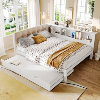 Ulife Daybett Tagesbett, Schlafsofa, Einzelbett, Kinderbett mit dimmbarer LED-Leiste, mit praktischem Regal, USB-Anschluss, Ausziehbett 140x200/90x190 cm