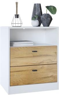 Vladon Kommode Pino V1, Nachttisch mit 2 Schubladen & 1 offenem Fach, Weiß matt/Eiche Natur ohne LED (56 x 67,5 x 36 cm)