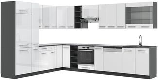 Eckküche Fame-Line Weiß Hochglanz/Anthrazit 347 x 60 cm , AP Anthrazit Vicco