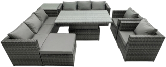 Fimous 9 Sitzer Outdoor Rattan Gartenmöbel Set Einstellbarer Aufsteigender Hubtisch mit Beistelltisch Stühle Hocker Dunkelgrau Gemischt