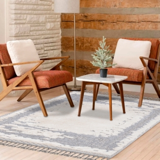 Teppich Wohnzimmer - Abstrak - 140x200cm - Creme Grau Blau - Fransen Deko Boho Flauschig - Cut & Loop Sisal - Schlafzimmer Flur Dekoration Läufer