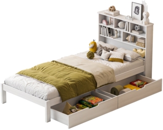 FUROKOY Einzelbett Massivholzbett Holzbett Jugendbett Bettgestell mit Lattenrost, 90x200 cm,Mit Schubladen,Holzbettgestell,rustikaler Landhausstil,Weiß