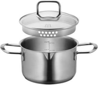 MSER Sanvito, Kochtopf 16 cm mit Glasdeckel und praktischem Ausgieer, kleiner Edelstahl Topf mit Siebdeckel und Literskala, geeignet fr Induktion, Edelstahl 18/10