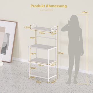 4-stufiges Küchenregal mit Verstellbaren Regalböden Mikrowellenregal 59 x 34 x 136 cm Weiß