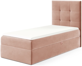MEBLINI Kinderbett mit Bettkasten MINO 2 90x200 Rechts – H3/Rosa Samt Gepolstert Einzelbett mit Matratze - Polsterbett mit Stauraum - Bett mit Kopfteil – Stauraumbett