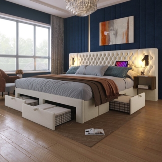 Flieks Polsterbett, Doppelbett 180×200cm mit 2 Nachttische 4 Schublade Leselicht USB-Laden