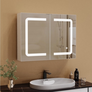 PXloue Badezimmerspiegelschrank Spiegelschrank Doppeltür Hängeschrank 80 x 60 x 13.5 cm (Einstellung der warmen und kalten Farbtemperatur 3000/4500/6400K) inkl. LED-Beleuchtung, Stecker, Touchschalter, Beschlagfrei