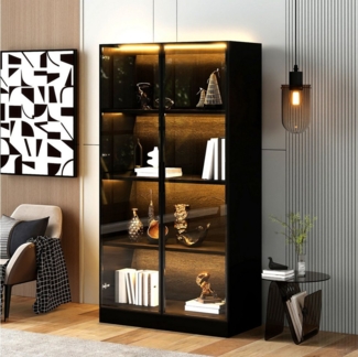 Ulife Glasvitrine Hochschrank mit Bücherregal, LED-Beleuchtung und gehärteter Glastür (1-St) Aluminium-Türrahmen, 70×40×160 cm