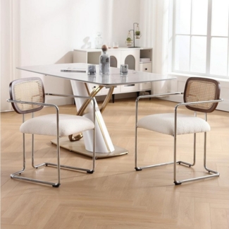 WAHSON OFFICE CHAIRS Esszimmerstuhl 2er Set Leinen Küchenstuhl Rattan geflochtene Rückenlehne