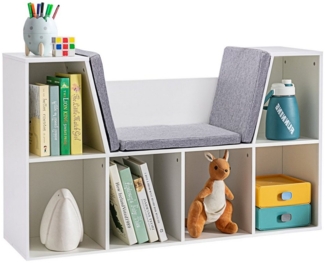 HOMCOM Kinderregal, Bücherregal mit Sitzhocker 1-tlg, mit 6 Fächern, 3 Kissen, für Kinderzimmer, Wohnzimmer, Weiß