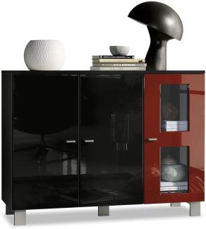 Vladon Sideboard Denjo, Kommode mit 3 Türen, Schwarz matt/Schwarz Hochglanz/Bordeaux Hochglanz (107 x 81 x 35 cm)