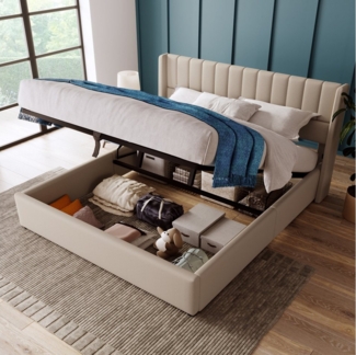 HAUSS SPOLE Polsterbett Polsterbett Hydraulisch Doppelbett Jugendbett Gästebett Bettgestell (160x200 cm Leinen, Beige ohne Matratze), Bett mit Lattenrost aus Metallrahmen, Lattenrost aus Holz