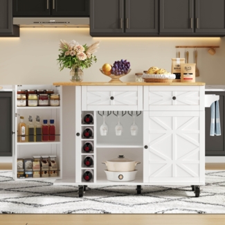 Küchenwagen mit klappbarer Arbeitsplatte, Kücheninsel Servierwagen mit Schubladen, Türregal, Weinregal, Rollen, 120×45/70×89 cm,Weiß