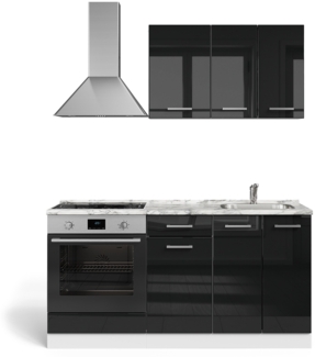 Singleküche R-Line Schwarz Hochglanz/Weiß 160 cm mit Herdumbauschrank und Spüle ohne AP Vicco