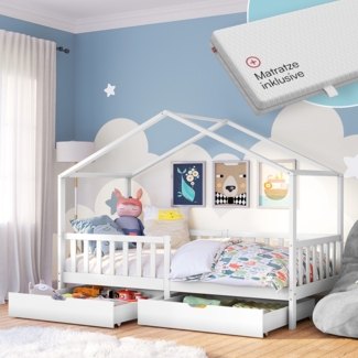 Bellabino 'Bia' Hausbett 90x200 cm mit Matratze und 2 Schubladen, weiß, Kiefer Massivholz, Montessori Kinderbett mit Stauraum, inkl. Rausfallschutz und Lattenrost