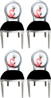 Casa Padrino Luxus Barock Esszimmer Set Flamingo mit Krone Schwarz / Mehrfarbig / Silber 48 x 50 x H. 98 cm - 4 handgefertigte Esszimmerstühle mit Bling Bling Glitzersteinen - Barock Esszimmermöbel