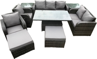 Fimous Rattan-Möbel-Garten-Essplatz-Patio-Höhen-justierbarer steigender Hubtisch-Liegestuhl-Sofa mit 2-Beistelltischen 2-großen Fußhockern