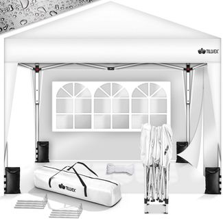 tillvex Pavillon 3x3m Weiß wasserdicht mit 2 Seitenteilen + 4er Set Sandsäcke | Pop-Up Faltpavillon stabil & höhenverstellbar | Gartenzelt UV Schutz 50+ | Partyzelt mit Tasche für Garten