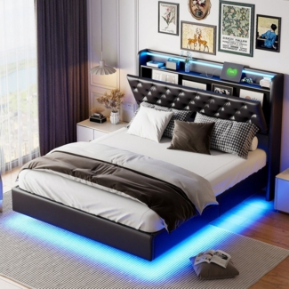PXloue Polsterbett Stylisches Polsterbett mit LED-Beleuchtung und Stauraum (Kein Bettfuß-Design), Praktisches Bett mit Stauraum und Gasliftmechanismus