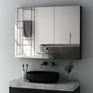 Boromal Hängeschrank Bad mit Spiegel Spiegelschrank Badezimmerspiegelschrank Alu 80x12,5x60 (Wandschrank Badschrank Eckig, 2-türig) Doppelseitiger Spiegel, Verstellbare Glasböden, vormontiert geliefert