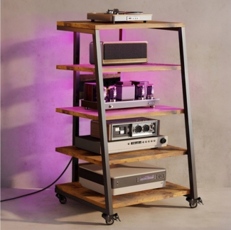 XERSEK TV-Regal HiFi Rack TV Rack mit Rädern und 2 RGB LED Lichter, 5 Etagen Plattenspielerständer aus Holz und Metall, mit Steckdosenleisten Verstellbaren Ablage, 60 x 52 x110 cm