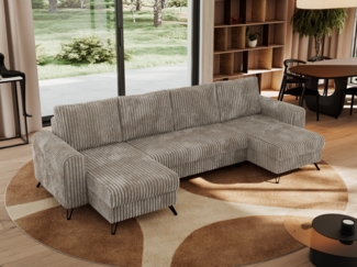U-förmige Ecksofa, XXL Universalecke mit losen Kissen zum Wohnzimmer, Bettkästen und Schlaffunktion, schwarze Metallbeine - AXEL U - Hellbraun Cord